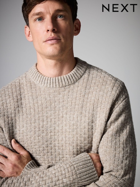 Neutral Regular Fit Textured Crew Jumper with Wool (B51068) | €7