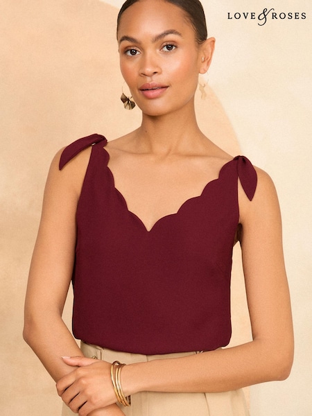 Love & Roses Burgundy Red V Neck Scallop Detail Tie Shoulder Vest (B51111) | AED75