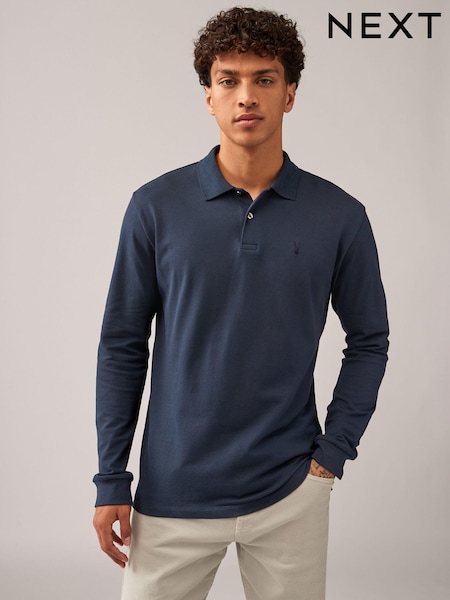 Navy Blue Long Sleeve Pique Polo Shirt (B51112) | €24
