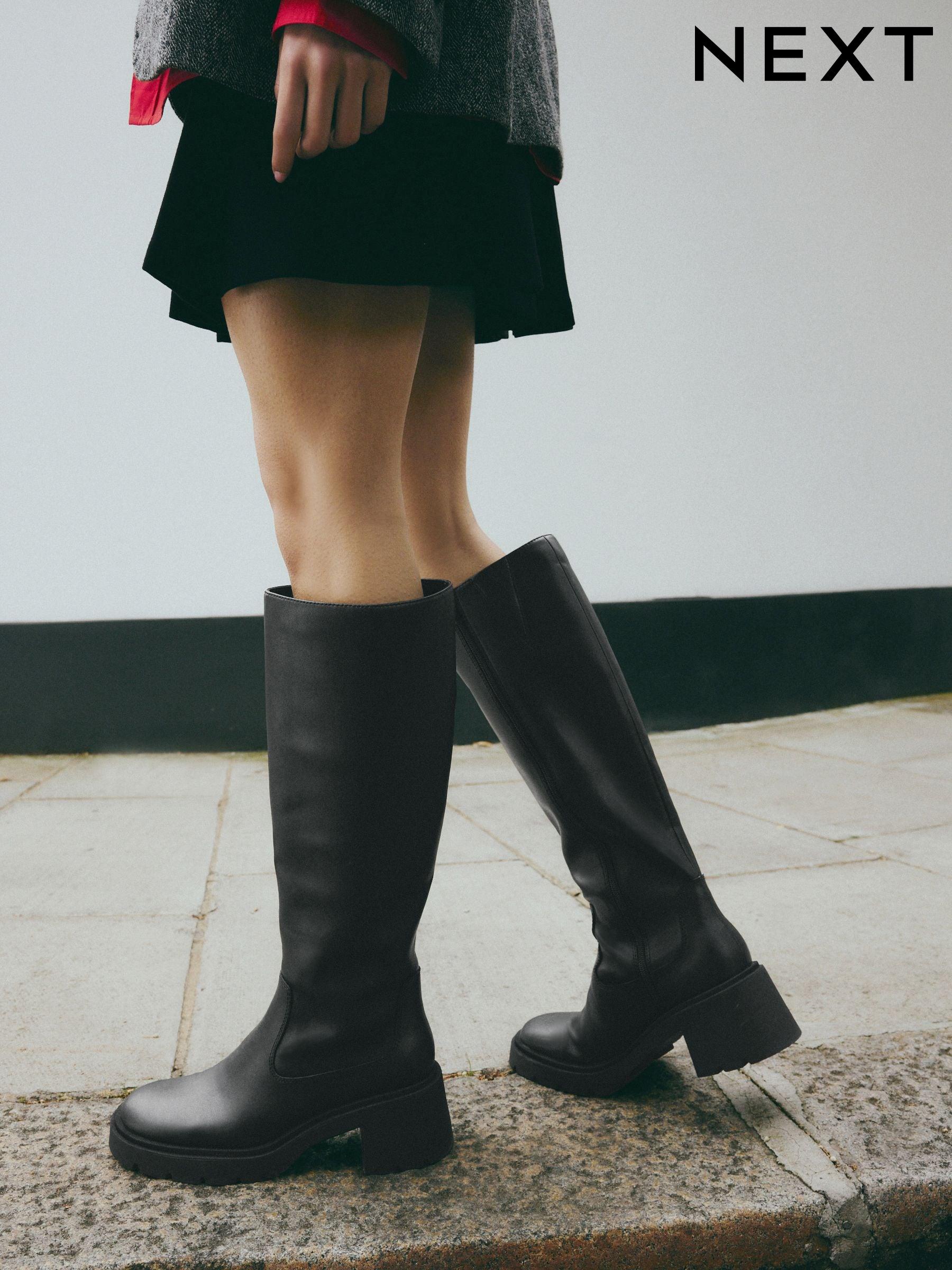 Plain black leather knee high boots outlet