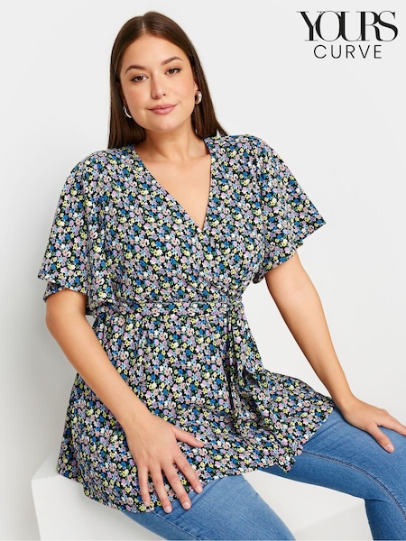 Yours Curve Black Floral Print Textured Wrap Top (B51188) | $51