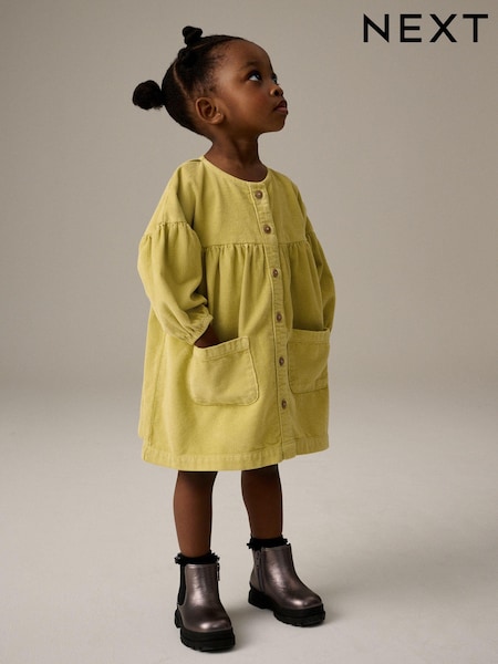 Citrine Green Cord 100% Cotton Button Through Dress (3mths-8yrs) (B51294) | AED56 - AED67