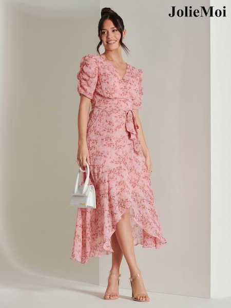 Jolie Moi Pink Print Metallic Textured Chiffon Midi Dress (B51308) | 371 QAR
