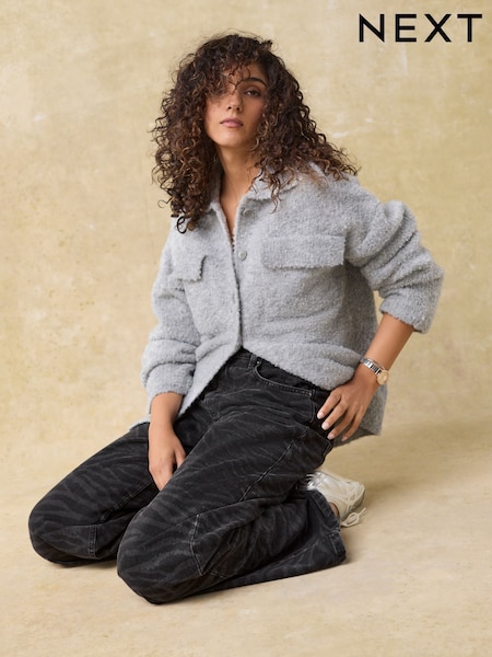 Grey Bouclé Button Up Collared Knitted Jacket (B51338) | AED40