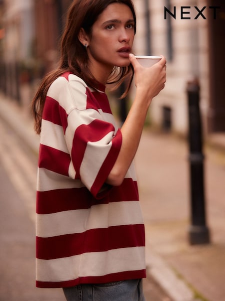 Red/Grey Stripe Oversized Relaxed Fit Boxy Heavyweight Crew Neck T-Shirt (B51371) | €17.50