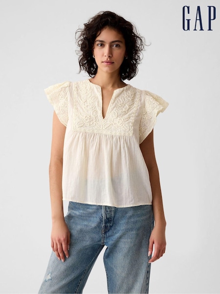 Gap Cream Crinkle Gauze Embroidered Cropped Shirt (B51397) | €19.50