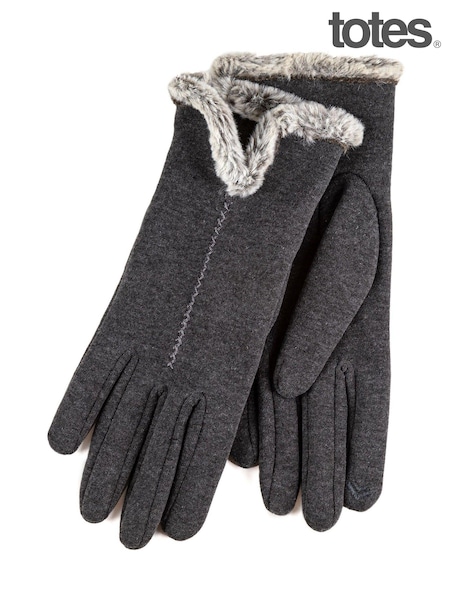 Totes Grey Isotoner Ladies Thermal Smartouch Gloves With Tipped Faux Fur Cuff (B51646) | €12