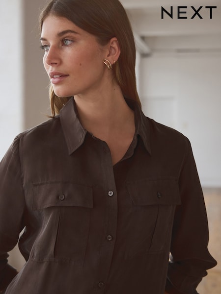 Chocolate Brown Premium Cupro Blend Long Sleeve Shirt (B51675) | €27