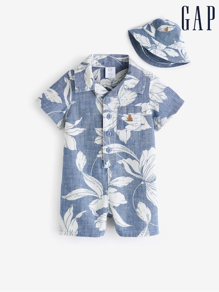 Gap Blue Brannan Bear Print Short Sleeve Baby Romper & Hat (Newborn-24mths) (B51908) | €20.50