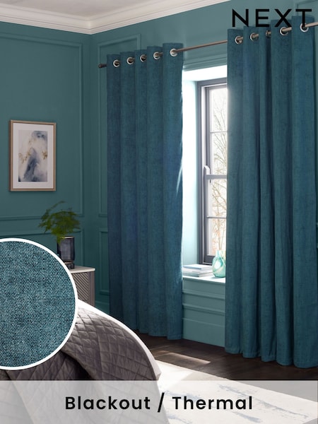 Teal Blue Matte Chenille Blackout/Thermal Eyelet Curtains (B51912) | $123 - $252