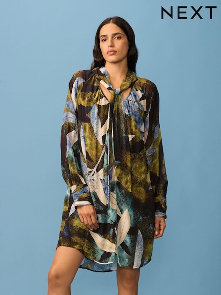 Black Green Leaf Print Long Sleeve Tie Neck Mini Dress (B51968) | €41