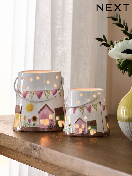 Set of 2 White Ceramic House Scene Tea Light Holders (B51969) | CA$40