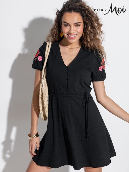 Pour Moi Bella Embroidered Sleeve 100% Cotton Slub Jersey Tea Dress (B52103) | €71