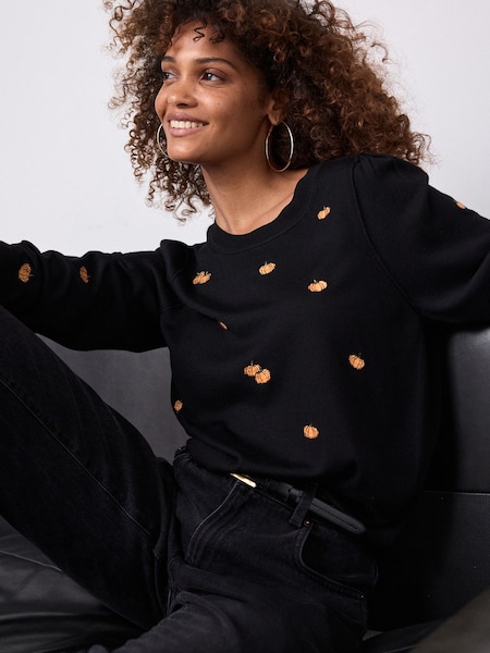 Black Orange Pumpkin Print Crew Neck Long Sleeve Embroidered Jumper (B52111) | R$ 245