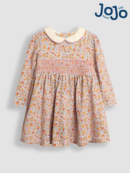JoJo Maman Bébé Mustard Floral Smocked Peter Pan Dress (B52124) | €40