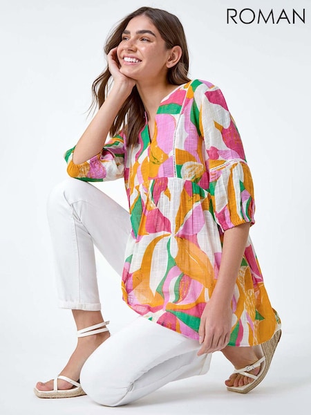 Roman Orange Abstract Ladder Lace 100% Cotton Smock Top (B52204) | 79 QAR