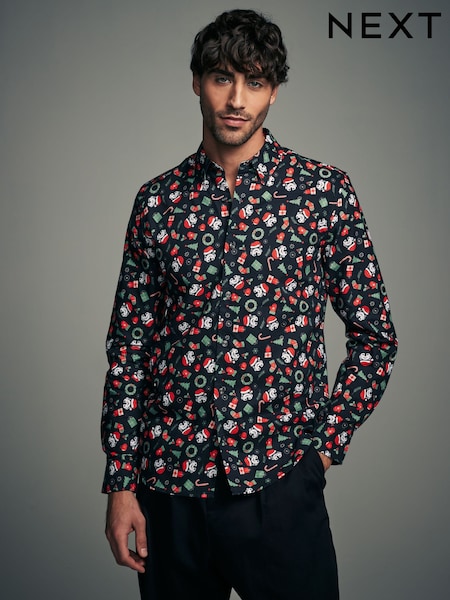 Black Storm Trooper Long Sleeve Christmas Print 100% Cotton Oxford Shirt (B52304) | AED83