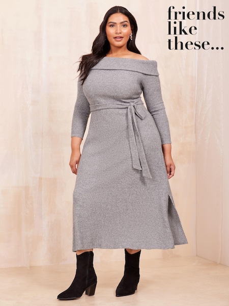 Curves Like These Grey Knitted Bardot Midi Dress (B52567) | €26