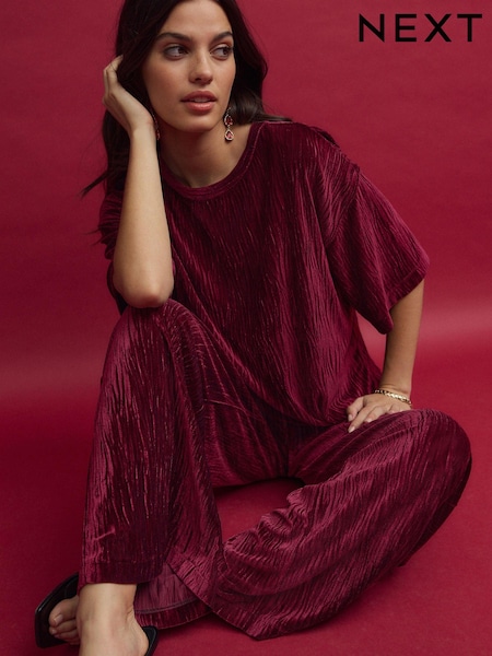 Berry Burgundy Red Plisse Velvet T-Shirt (B52589) | AED81