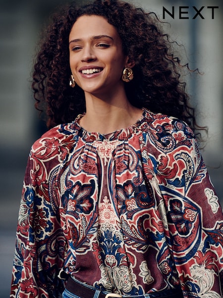 Pink Paisley Print Volume Long Sleeve Blouse (B52649) | AED85