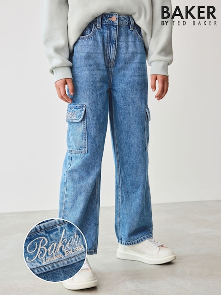 Baker by Ted Baker Blue 100% Cotton Embroidered Cargo Jeans (B52650) | 21 € - 25 €