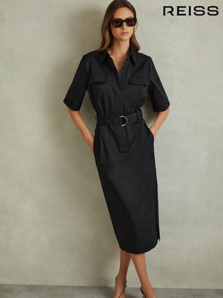 Reiss Black Aimie Cotton Blend Utility Belted Midi Dress (B52745) | €142