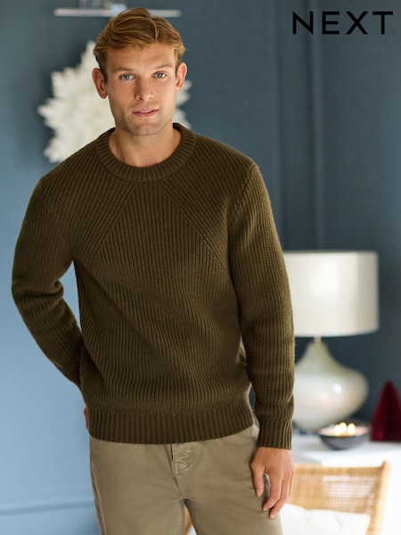 Khaki Green Crew Neck Regular Fit Rib Texture Jumper with Wool (B53111) | €8