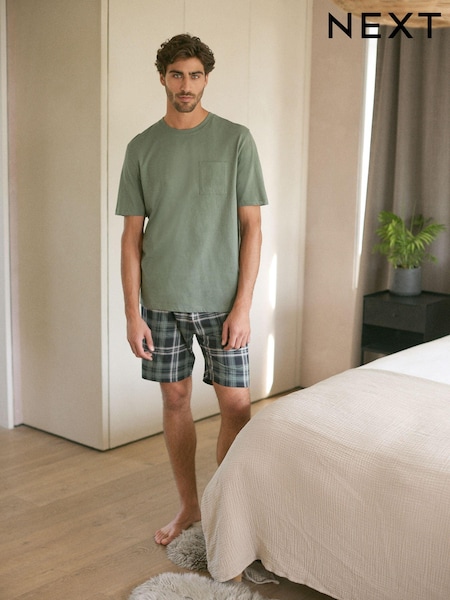 Sage Green Check 100% Cotton Check Pyjamas Shorts Set (B53382) | AED67