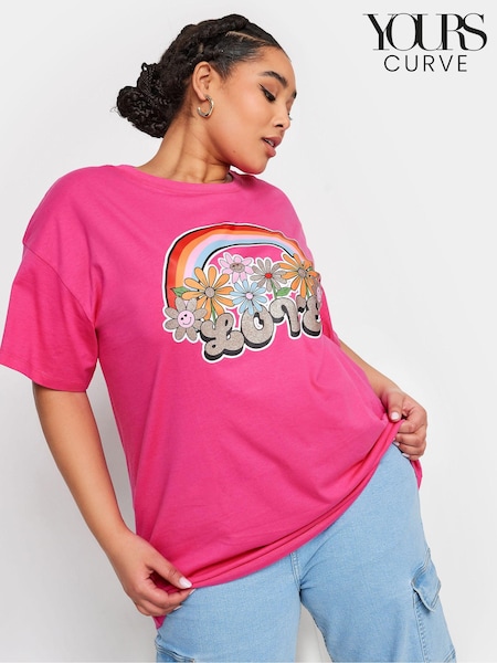 Pink - Yours Curve 100% Cotton Relaxed Drop Shoulder Rainbow Love T-Shirt (B53426) | 31 €