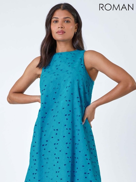 Roman Blue 100% Cotton Embroidery Detail Shift Dress (B53456) | €32