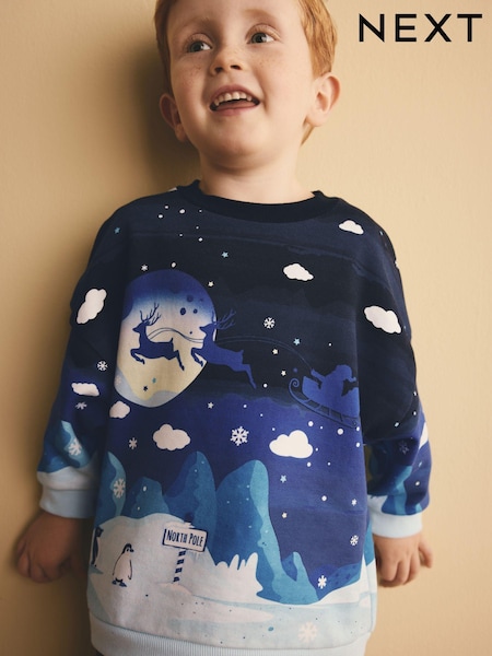 Navy Reindeer Scene Christmas Crew Neck 100% Cotton Sweatshirt (3mths-7yrs) (B53479) | AED42 - AED49