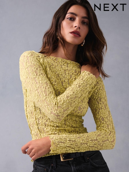 Green Slash Neck Long Sleeve Lace Top (B53516) | €10