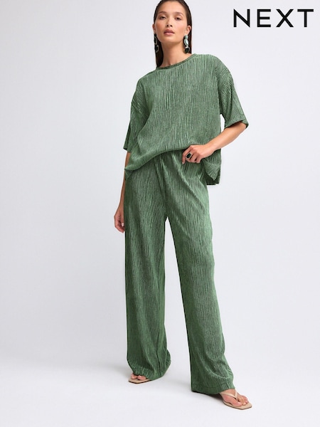 Olive Green Velvet Plisse Wide Leg Trousers (B53631) | €14