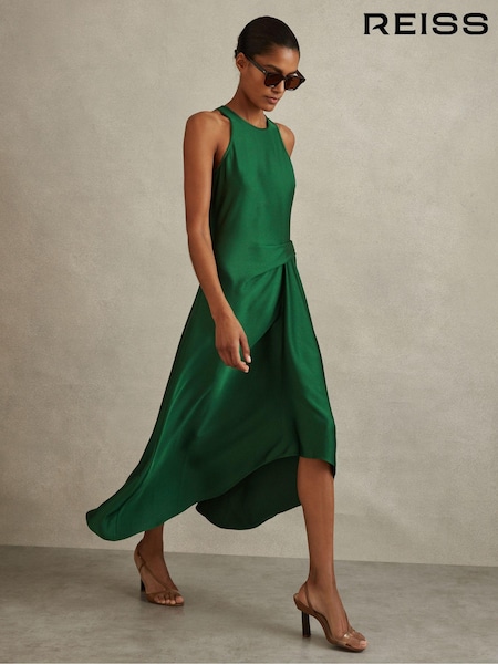 Зеленый - Reiss Micah Satin Drape Tuck Midi Dress (B53714) | €241