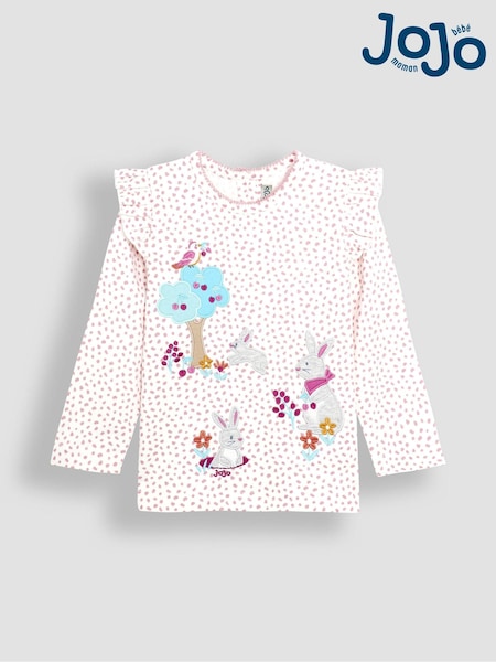 JoJo Maman Bébé Pink Bunny & Butterfly Frill Long Sleeve Appliqué Top (B53797) | AED105