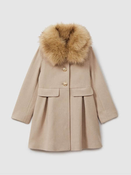 Reiss Oatmeal Nicole 13-14 yrs Faux Fur Collar Wool Blend Coat (B53816) | AED979
