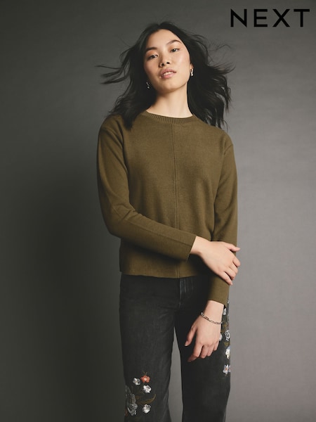 Olive Khaki Green Cosy Soft Touch Rib Seam Detail Crew Neck Jumper (B53982) | $40