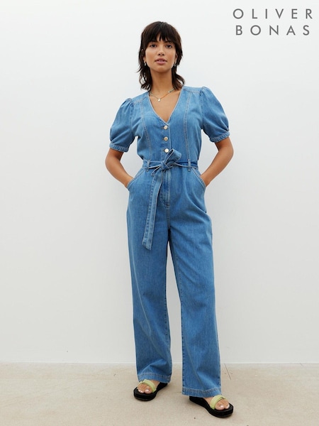 Oliver Bonas Blue Denim Puff Sleeve Jumpsuit (B54082) | €57
