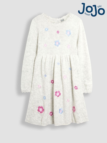JoJo Maman Bébé Grey Flower Embroidered Knit Dress (B54176) | €51