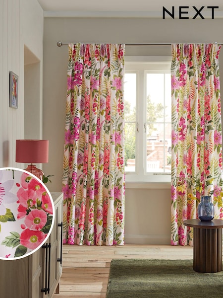 Multi Floral Pink Floral 100% Cotton Pencil Pleat Lined Curtains (B54365) | €43 - €99