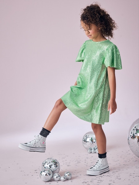Green Sparkle Angel Sleeve Party Sequin Dress (3-16yrs) (B54376) | AED63 - AED85