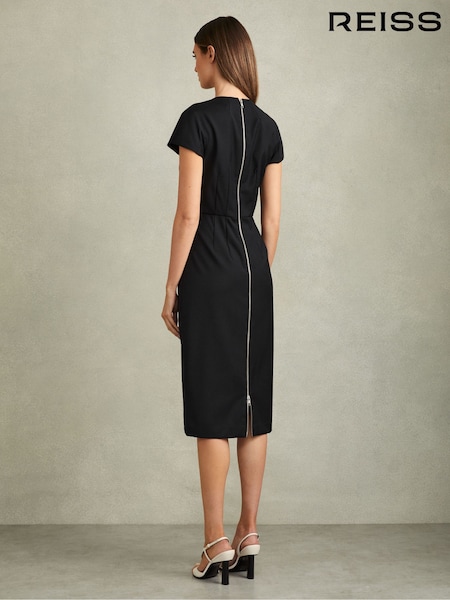 Reiss Black Serena Textured Cap Sleeve Midi Dress (B54385) | AED1,354