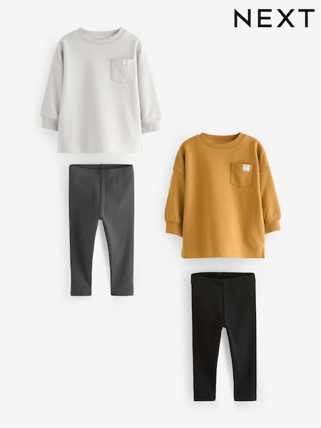 Grey/Ochre Yellow 2 Pack Long Sleeve T-Shirt & Leggings Set (3mths-7yrs) (B54393) | €27 - €32
