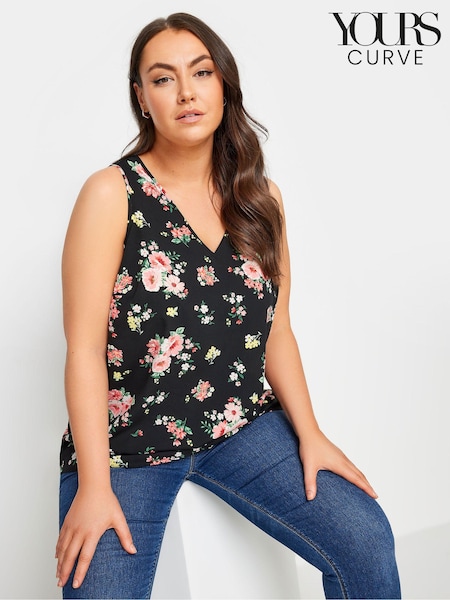 Yours Curve Black Pink Floral Print Vest Top (B54398) | €28