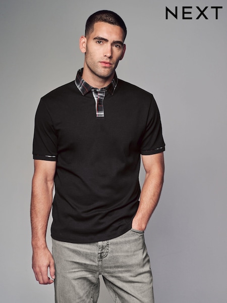 Black Check 100% Cotton Short Sleeve Smart Collar Polo Shirt (B54484) | €15