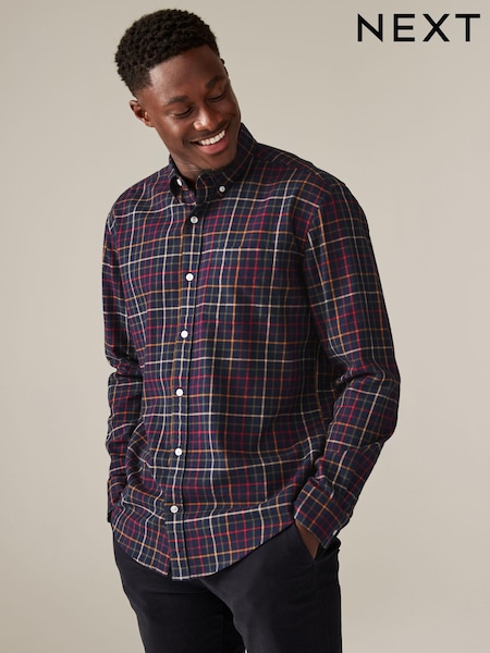 Navy Blue Check Long Sleeve 100% Cotton Oxford Shirt (B54703) | €21