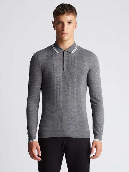 Remus Uomo Grey Long Sleeve Knitted Tipped Polo Shirt (B54971) | €54