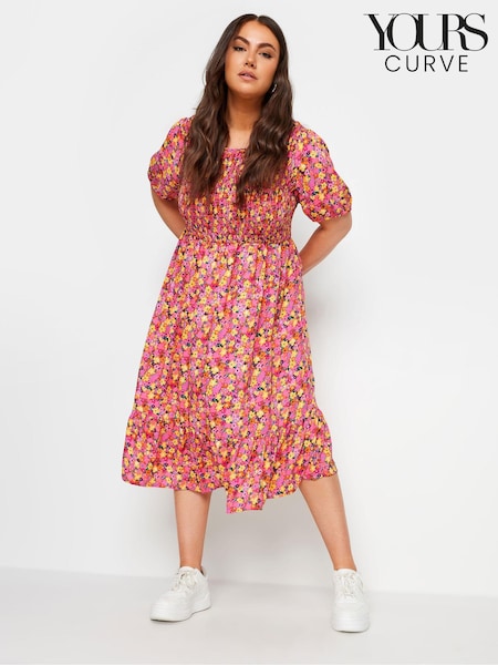 Yours Curve Pink Limited Shirred Puff Sleeve Tie Midaxi Dress (B55055) | €43