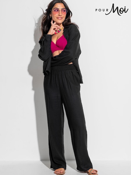 Pour Moi Black Quinn Shirred Waist Linen Blend Trousers (B55066) | ₪226