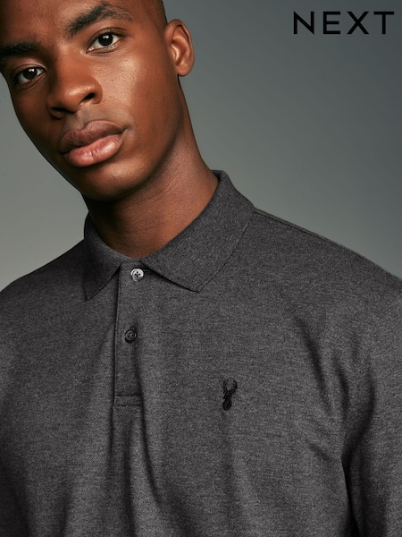 Charcoal Grey Marl Long Sleeve Pique Polo Shirt (B55074) | 54 QAR